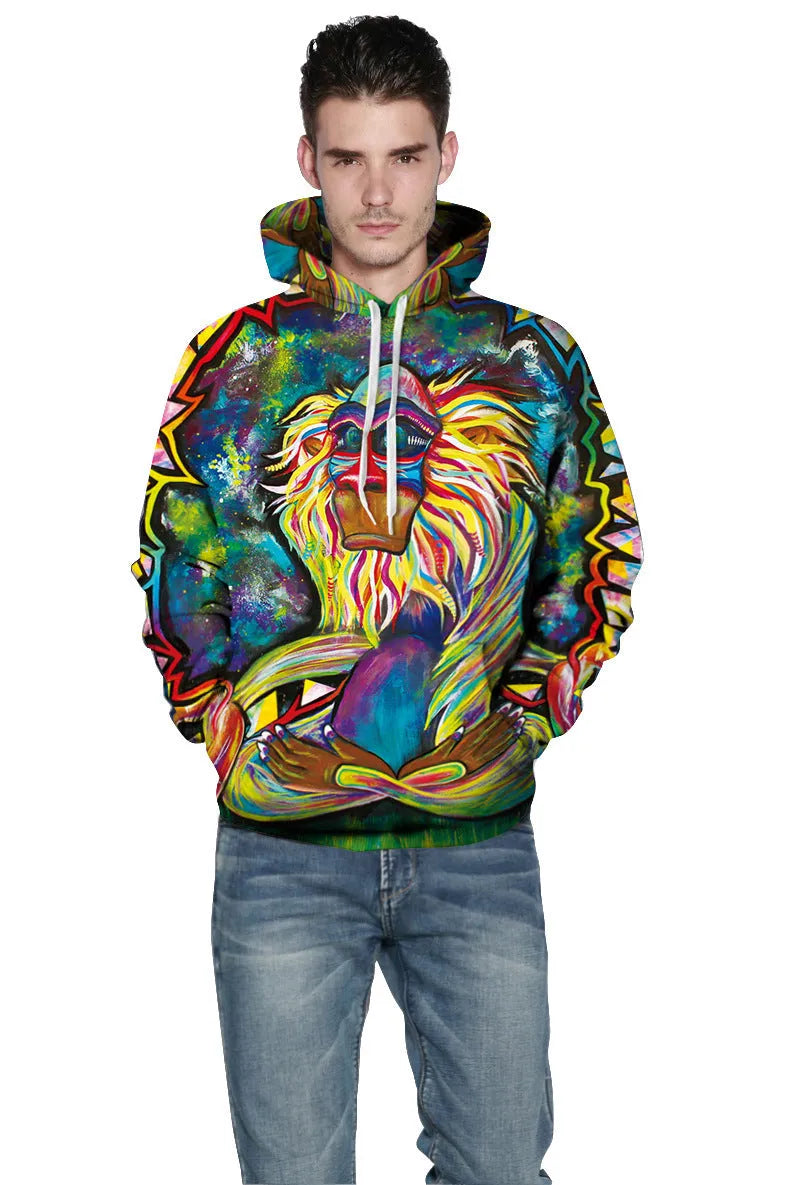 3D monkey print hoodie on a person, showing front pocket and full-colour graphic design