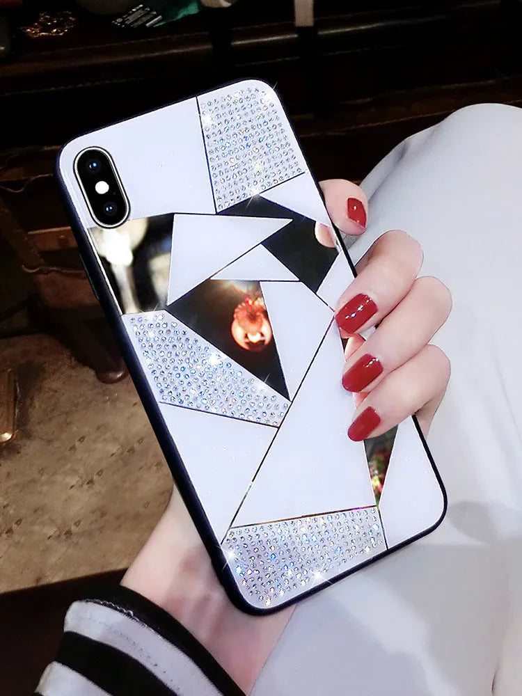 Gold silicone back cover with rhinestone diamond mirror finish for iPhone 11 Pro, XS Max, 7, 8, X