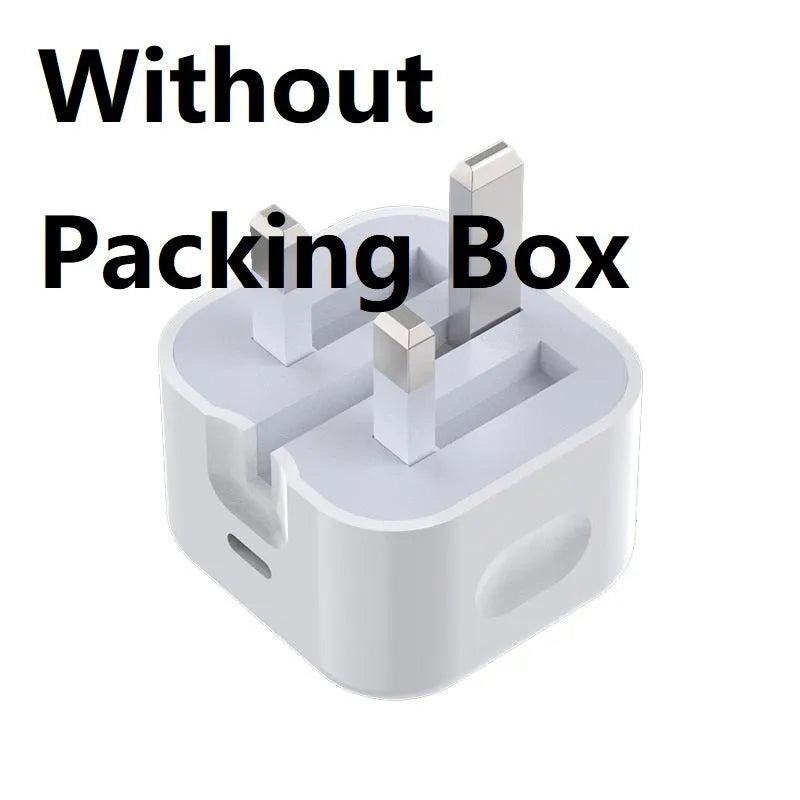 White 20W USB-C PD fast charger with UK plug and a choice of cable lengths.