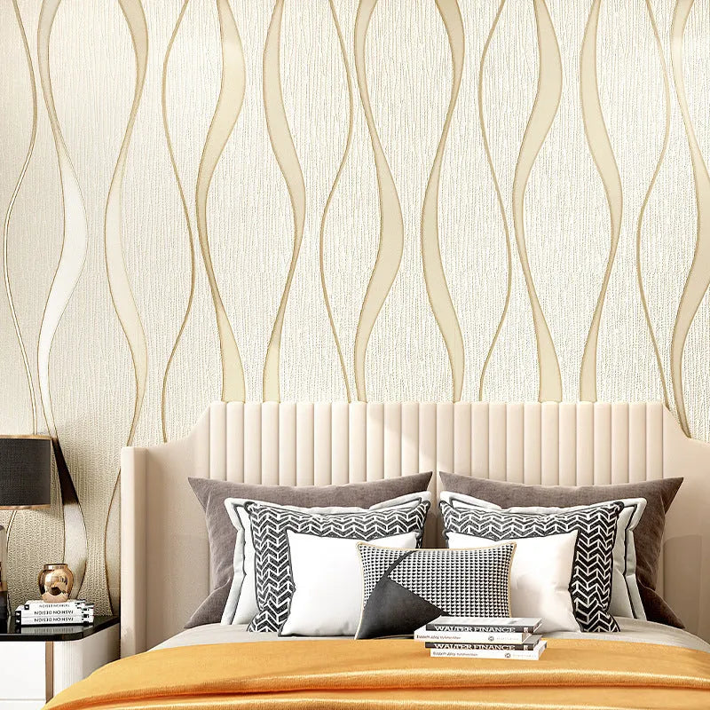 Curve stripe patterned 3D textured wallpaper roll for video wall backgrounds in light grey and dark brown colours