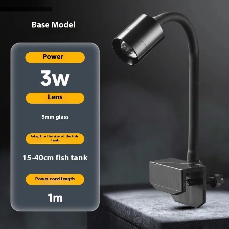 Mini LED aquarium light with adjustable clip mounting on small fish tank