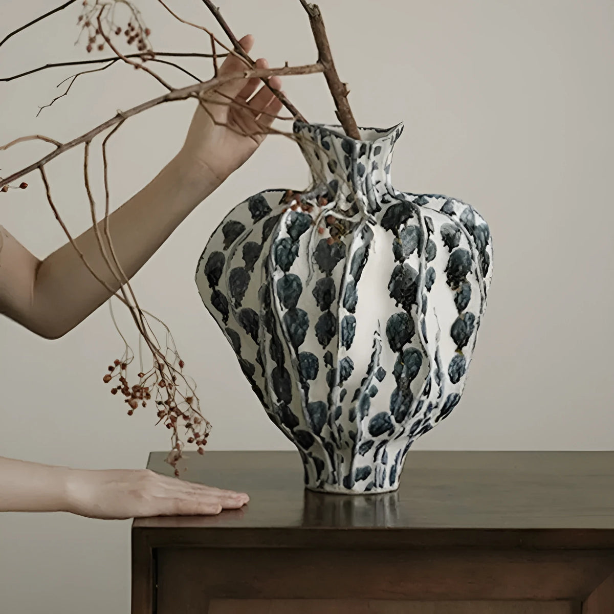Moban handmade celadon ceramic vase with glossy glass surface in blue and white style