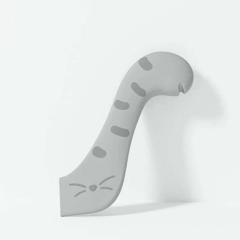 Silicone pet food mixing spoon and flexible can sealing lids in grey, pink and yellow colours.