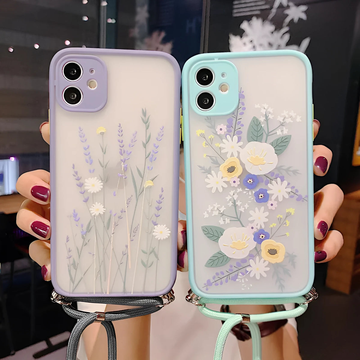 Lavender floral lanyard phone case with acrylic back for iPhone XS Max