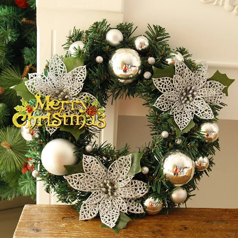 30cm diameter multicolour plastic Christmas wreath decoration showing blue, gold, pink, purple, red, and silver colour options