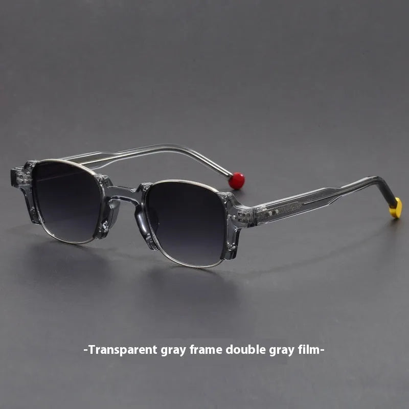 Square frame retro sunglasses with PC frame and AC lenses shown in multiple colour options.