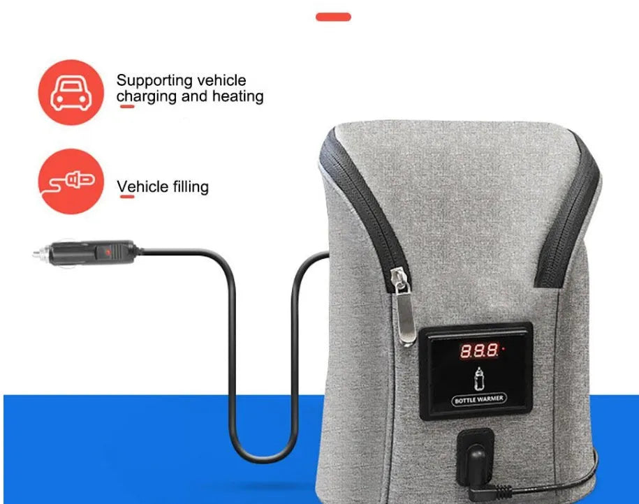 Grey Oxford cloth portable car baby bottle warmer with digital display and car charger