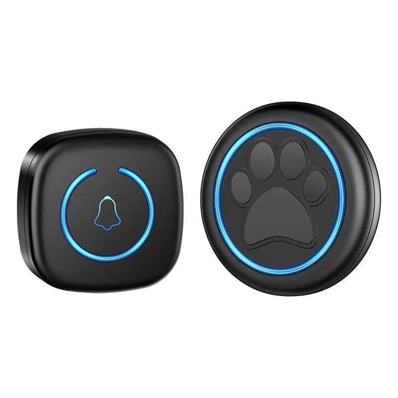 Black and white wireless dog door touch bell with IP55 waterproof rating for outdoor pet training.