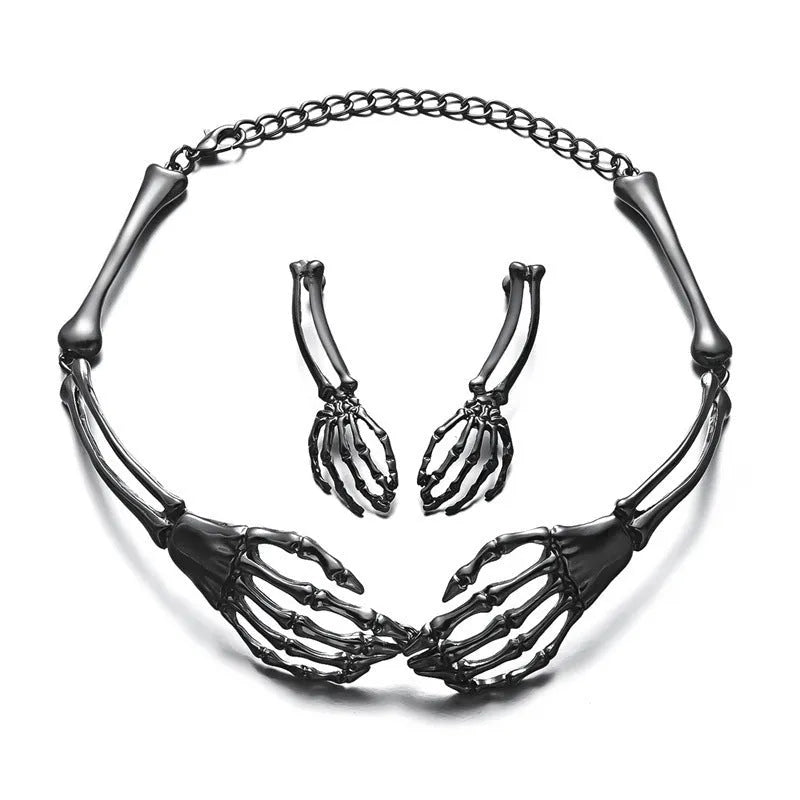 Skull and ghost claw necklace and earrings set in dark style with adjustable chain