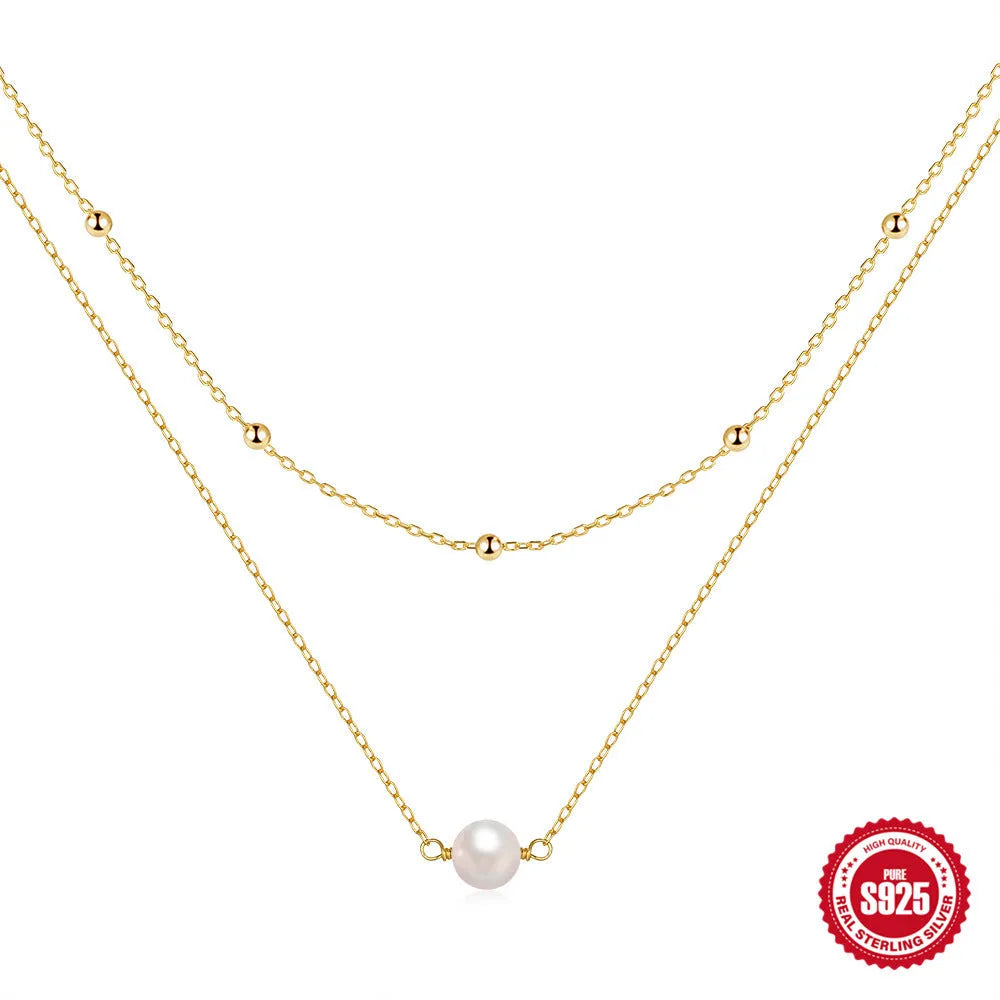 S925 sterling silver women's necklace with double-layer design and twin pearls in gold or white gold plating