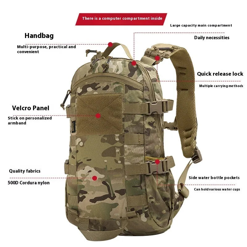 Camouflage nylon 20L backpack with curved shoulder straps and YKK zipper for outdoor commute and leisure