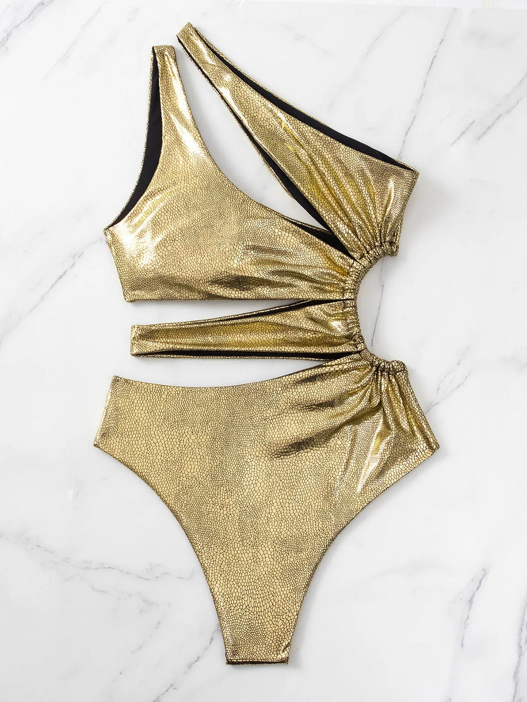 Women's gold backless one-piece swimsuit with high elasticity spandex construction