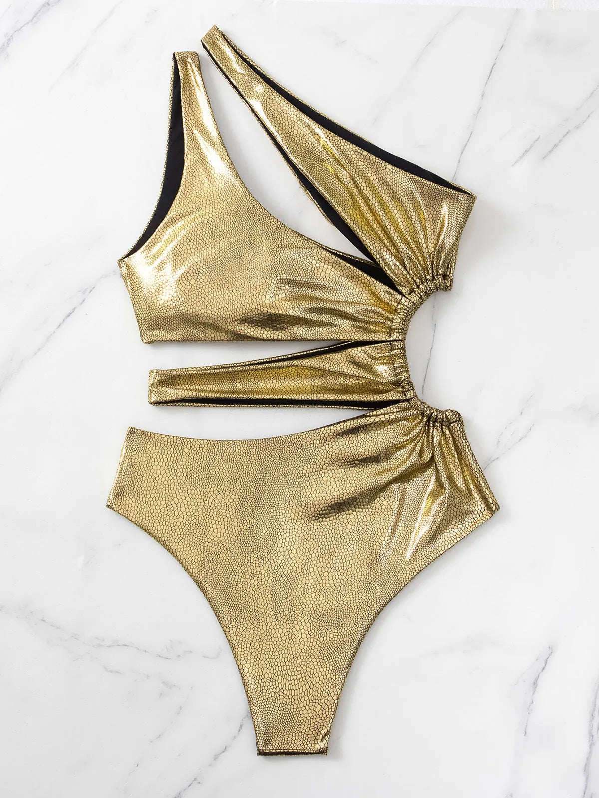 Women's gold backless one-piece swimsuit with high elasticity spandex construction
