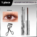 Waterproof steel tube mascara and eyelash curler in black and brown shades.