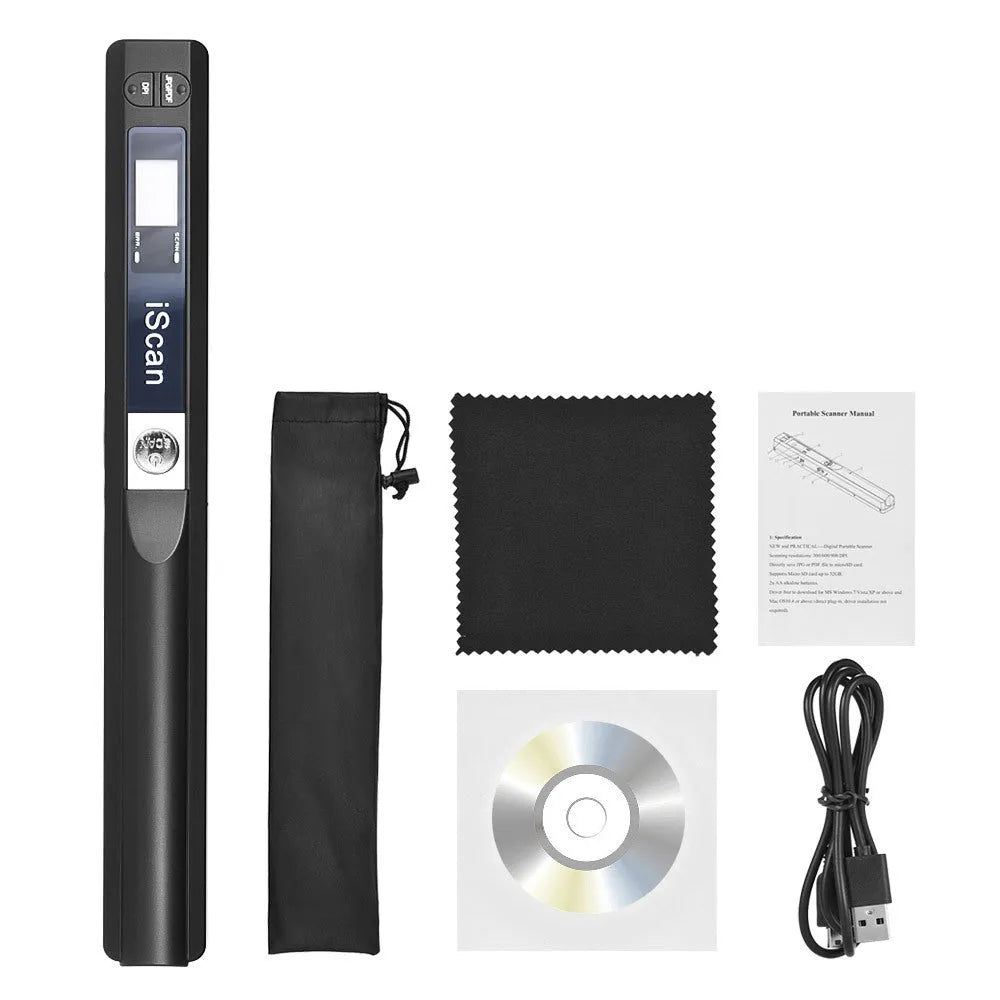 A handheld plastic scanner shown in five colour options: black, blue, green, red, and silver.