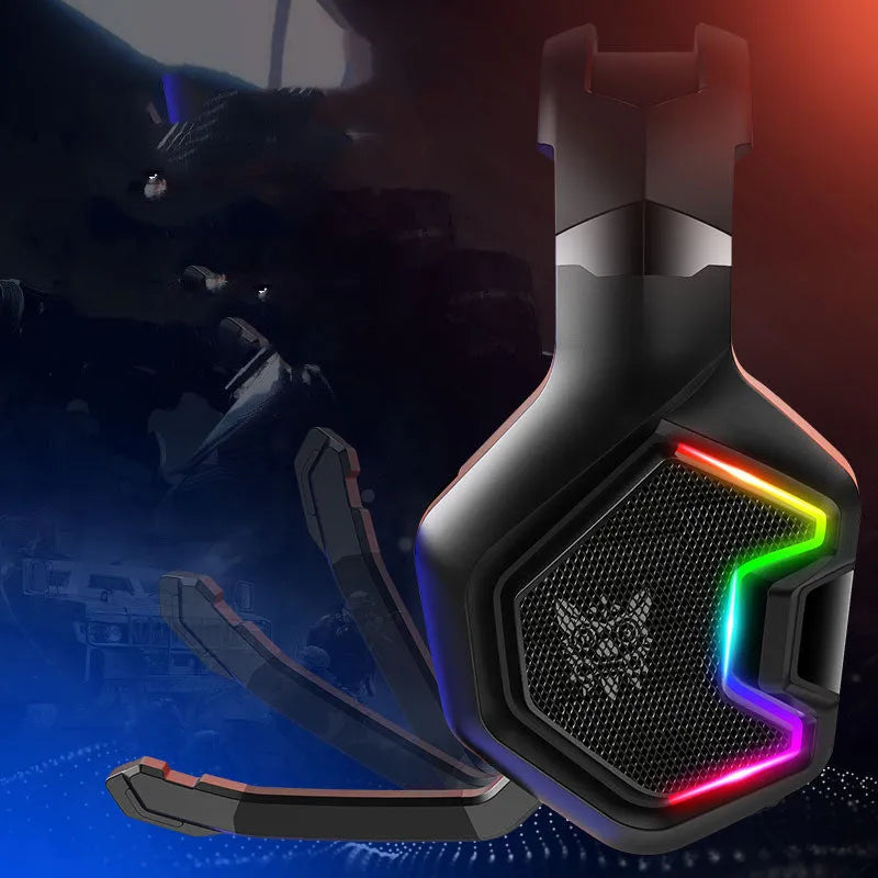 Black wired gaming headset with imitation protein leather earmuffs and 3.5mm plug on headset stand