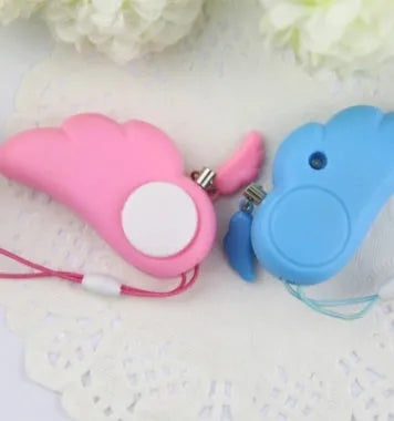 Blue compact personal security alarm clipped to a handbag, 6cm x 3cm, 90dB siren
