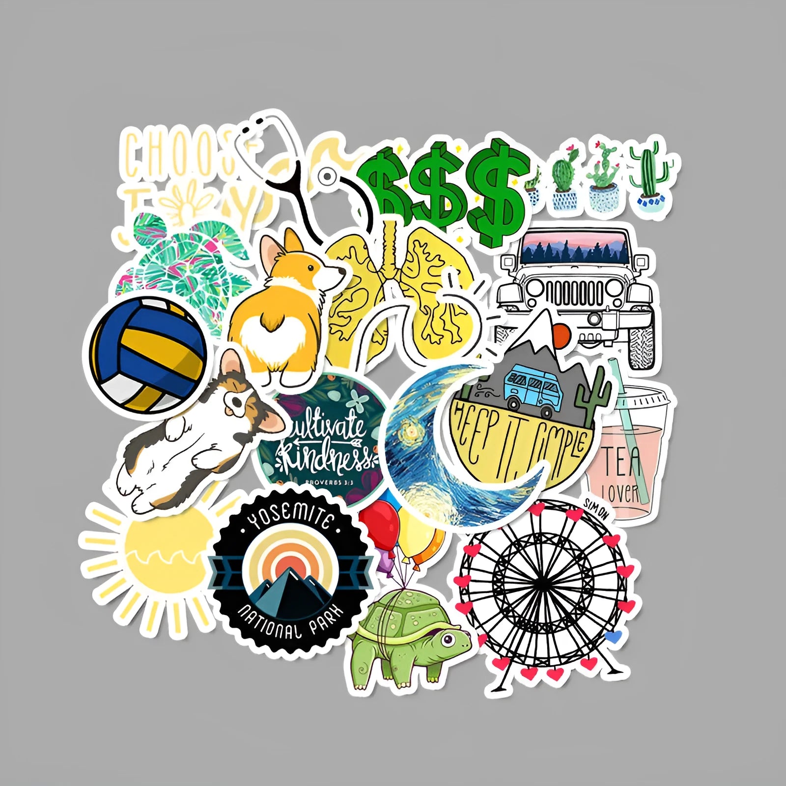 Assorted waterproof PVC graffiti suitcase stickers in 50 pack, 4-6 cm each, on white background.
