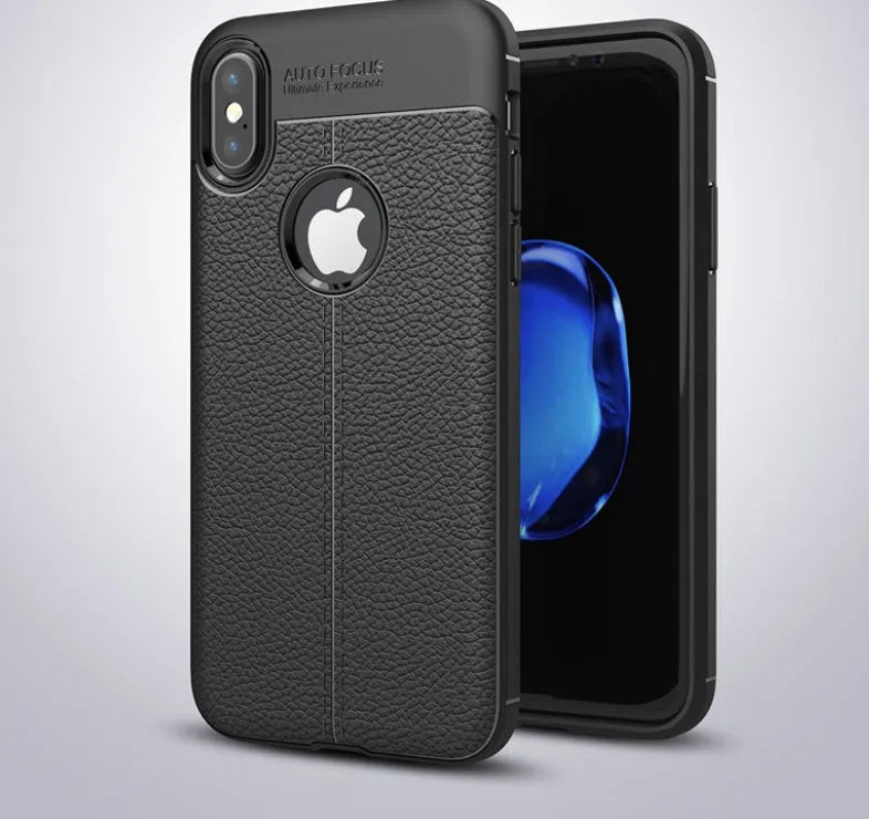 WeFor Black PU leather and silicone protective case fitted on an OnePlus 6 smartphone.
