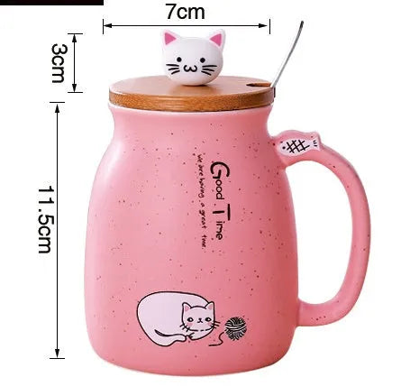 450ml cartoon ceramics cat mug with lid and spoon in pink