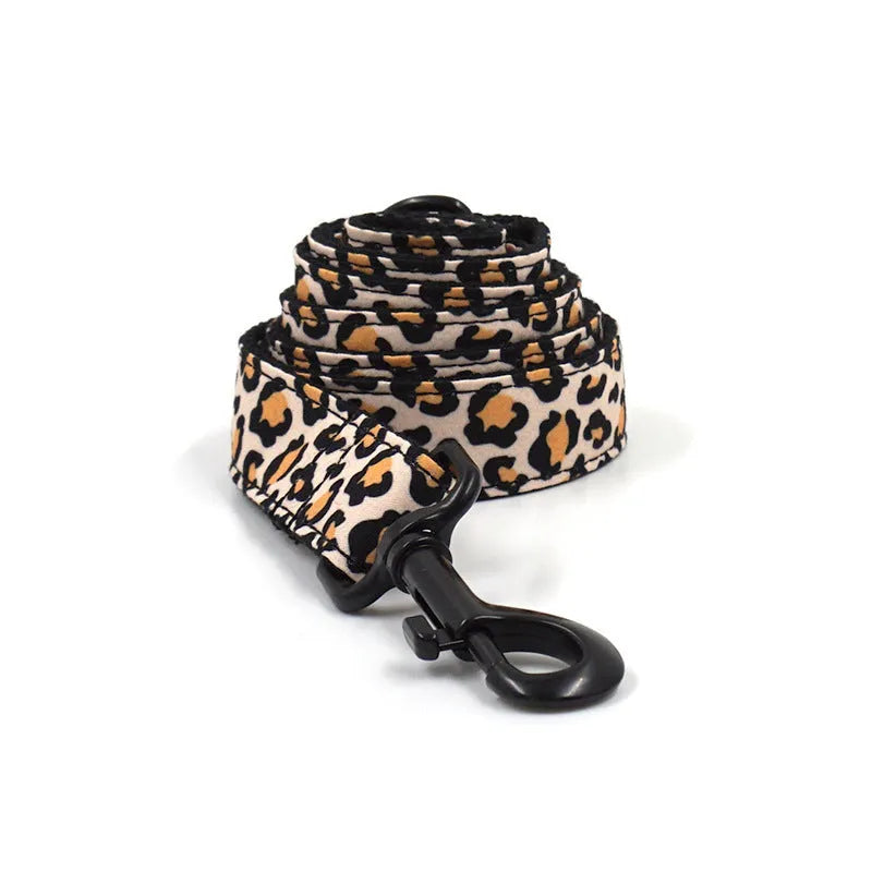 Brown leopard print dog collar and leash set with black buckle on chemical fibre material