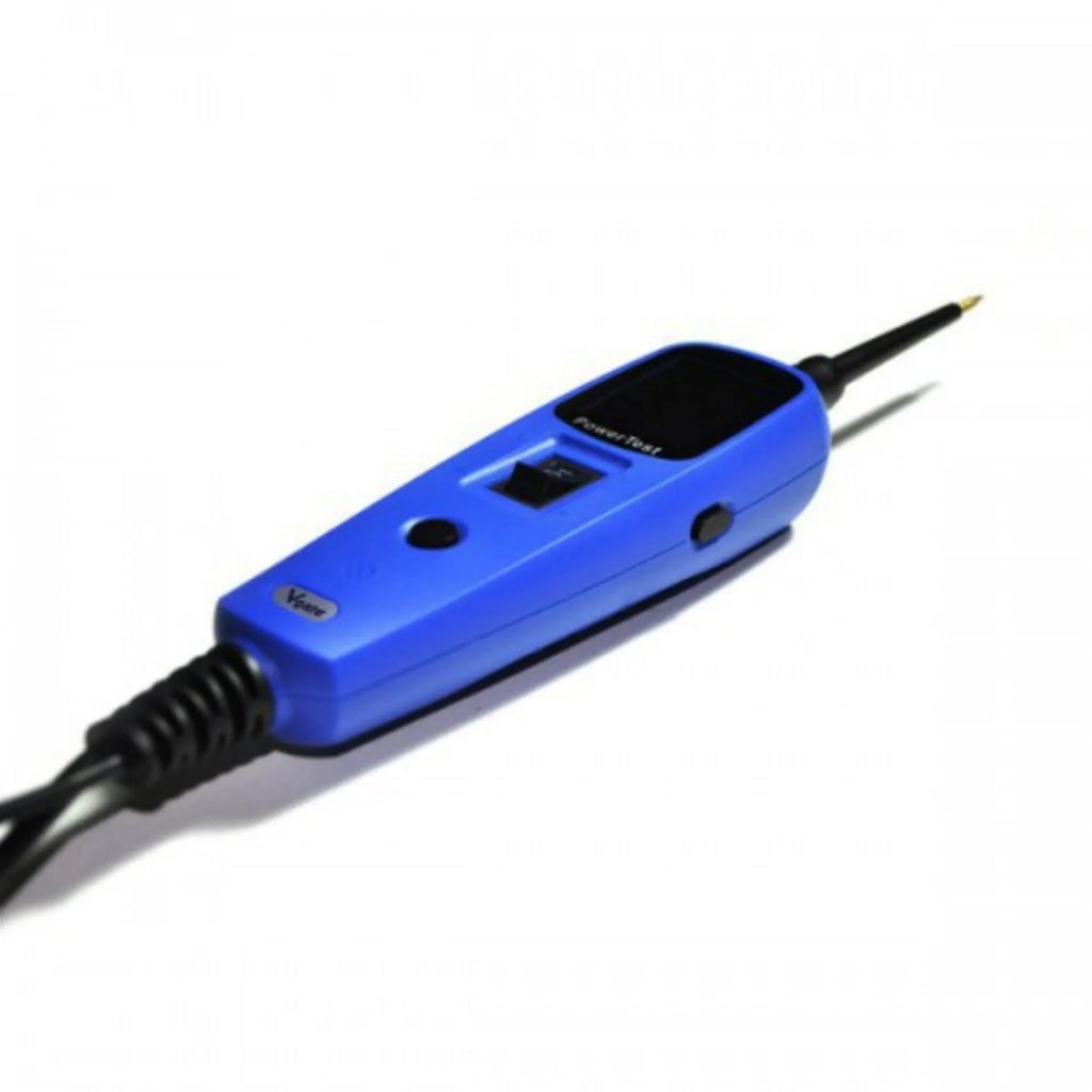 Blue automotive circuit test pen with colour display, extension cable, and protective case for vehicle electrical diagnosis