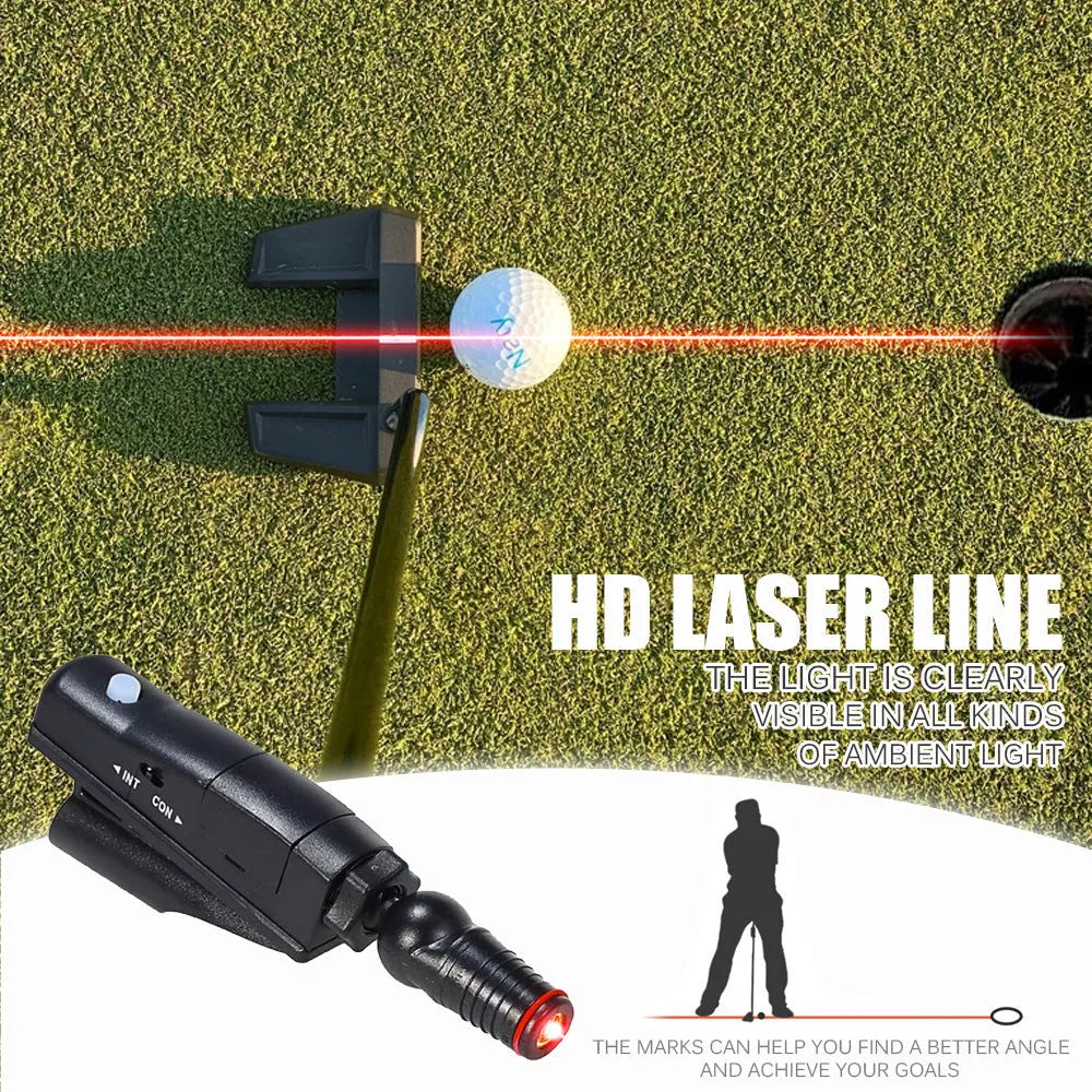 Black golf putting laser aiming instrument mounted on putter shaft for alignment practice