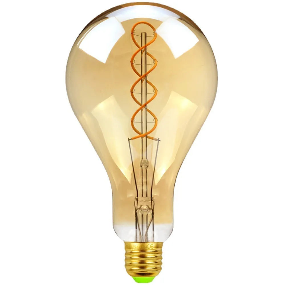 Double helix LED filament bulb in gold finish with spiral design visible through glass housing