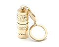 Gold-coloured zinc alloy waterproof mini LED flashlight on a keychain ring.