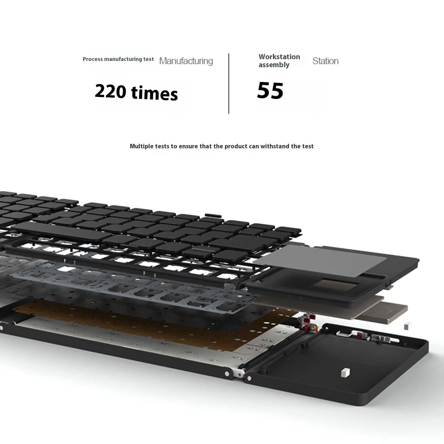 Black tri-fold Bluetooth keyboard shown folded and unfolded beside smartphone