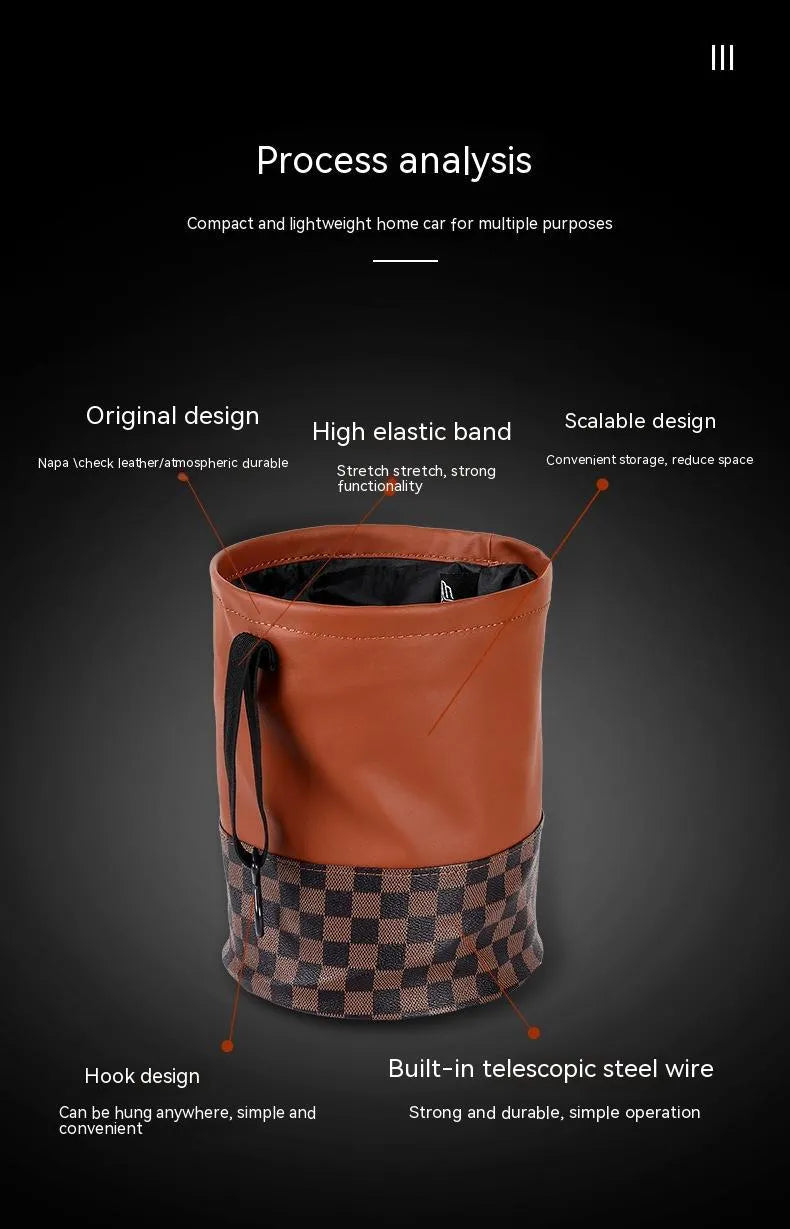 Retractable leather car bin in folded and expanded states showing handle and waterproof construction