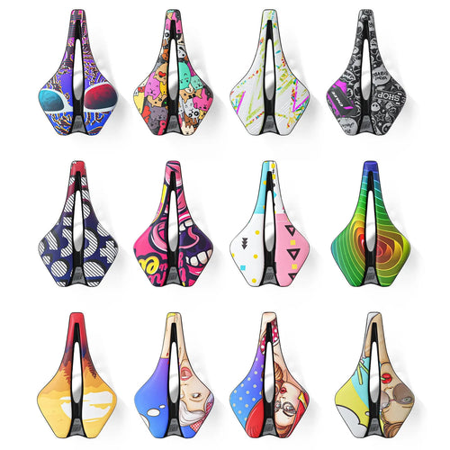 Ultra-light EVA cushion bike saddle with hollow design in PU leather, shown in multiple colour options.