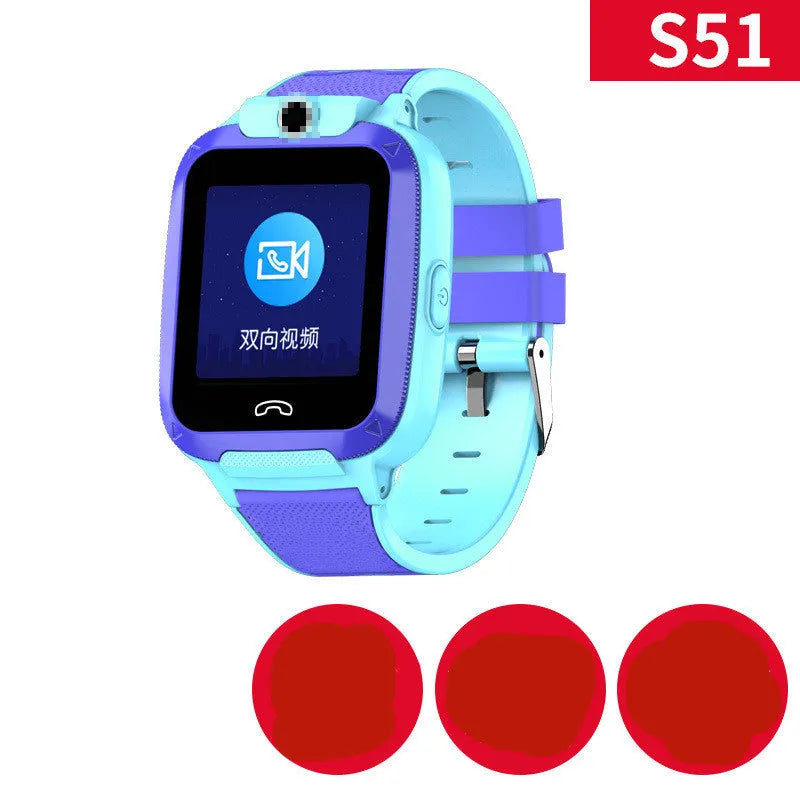 Blue children's smart watch with a 1.44-inch screen on a silicone strap, showing GPS and video call icons.