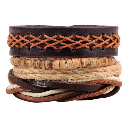 Handmade adjustable leather wrap bracelet with wooden beads on a wrist.