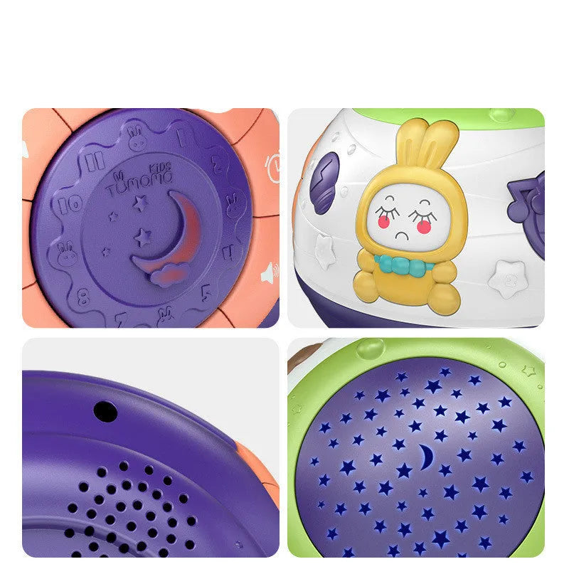 White cube-shaped children's night light projector showing starry sky projection with control button on top