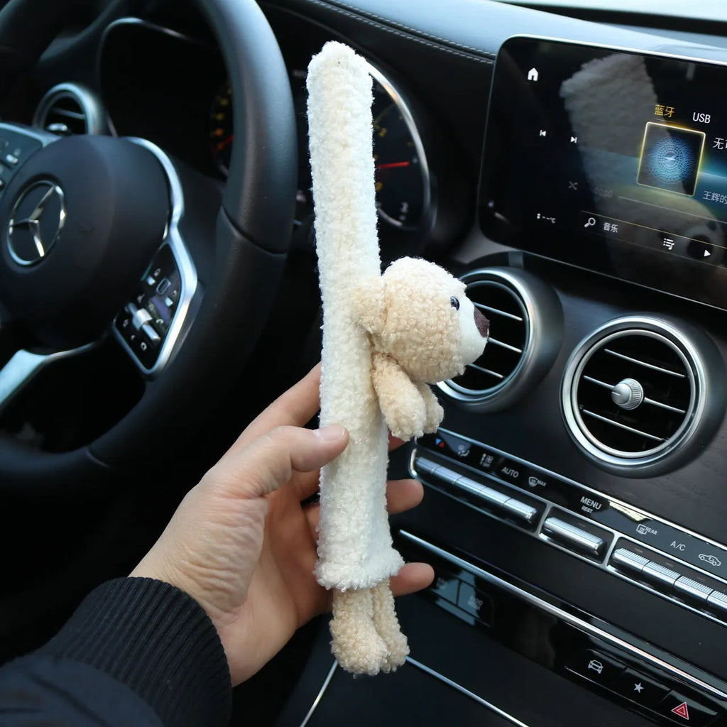 White lamb wool car seat belt shoulder protector with cartoon rabbit and bear designs