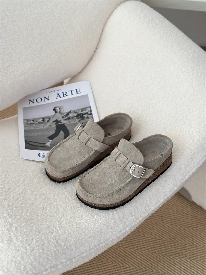 Unisex lazy mule slippers in antelope brown with cow suede upper and cork sole, side view