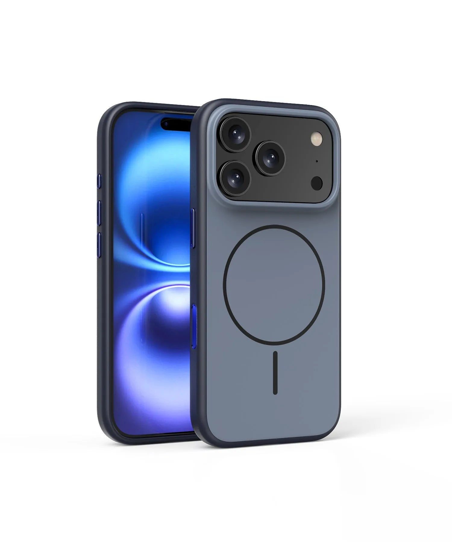 Frosted blue magnetic phone case for iPhone with a prominent AI camera button on the side.
