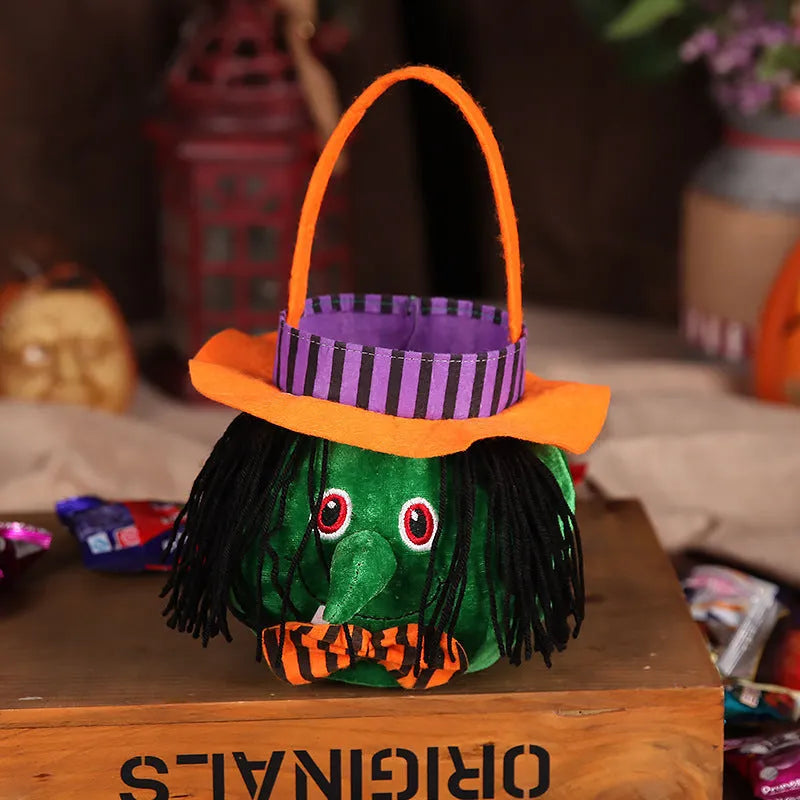 Square 16cm Halloween candy bag with pumpkin, witch, vampire, or black cat design.