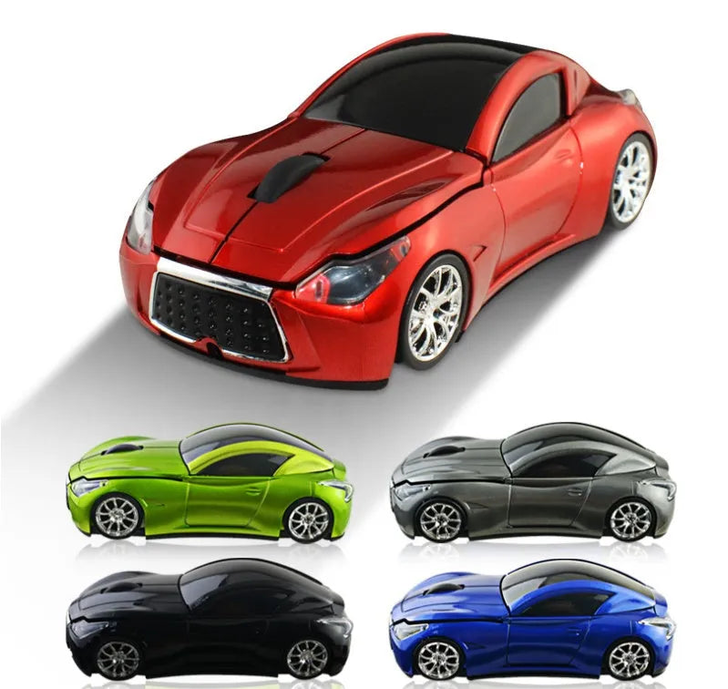 Wireless 2.4 GHz car sports mouse in red, with ABS construction and receiver storage compartment