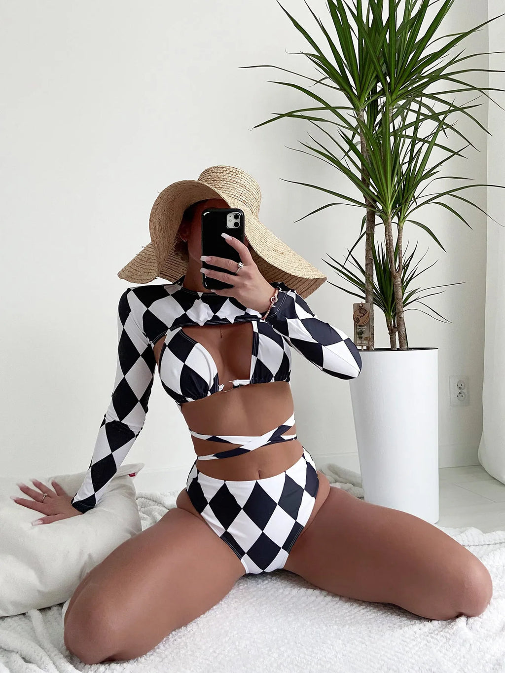 Women's plaid print long sleeve three-piece bikini set for swimming