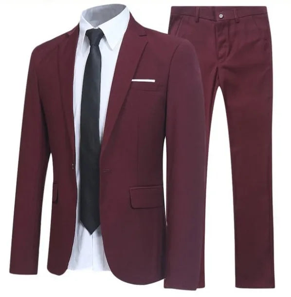 3-piece men's suit set with jacket, trousers, and white shirt in black, polyester fabric, back centre vent, front view