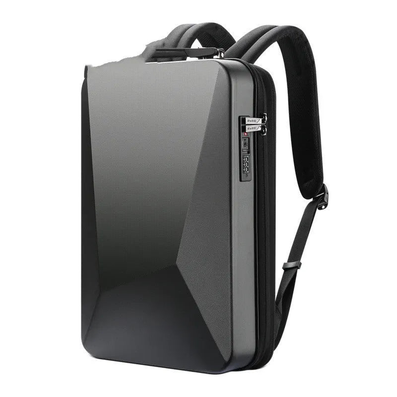 Large gaming backpack with hard PC shell, built-in lock, and double shoulder straps in Titanium Gold and Silver