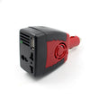 Black and red 150W car inverter converting 12V DC to 110V AC with USB port