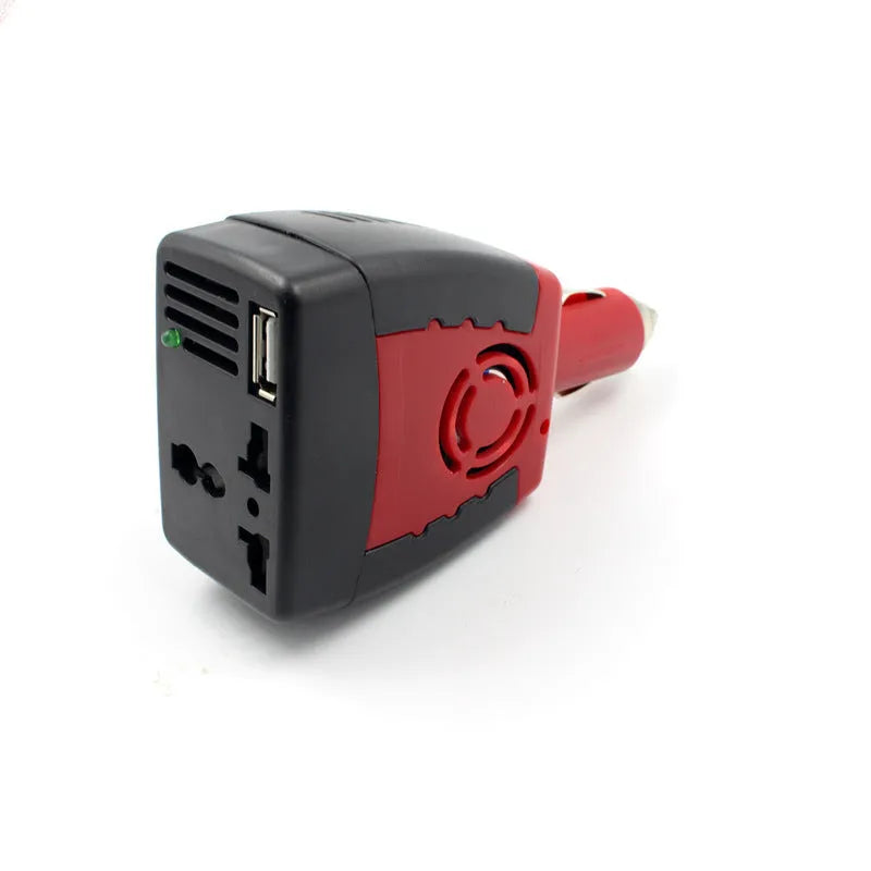Black and red 150W car inverter converting 12V DC to 110V AC with USB port