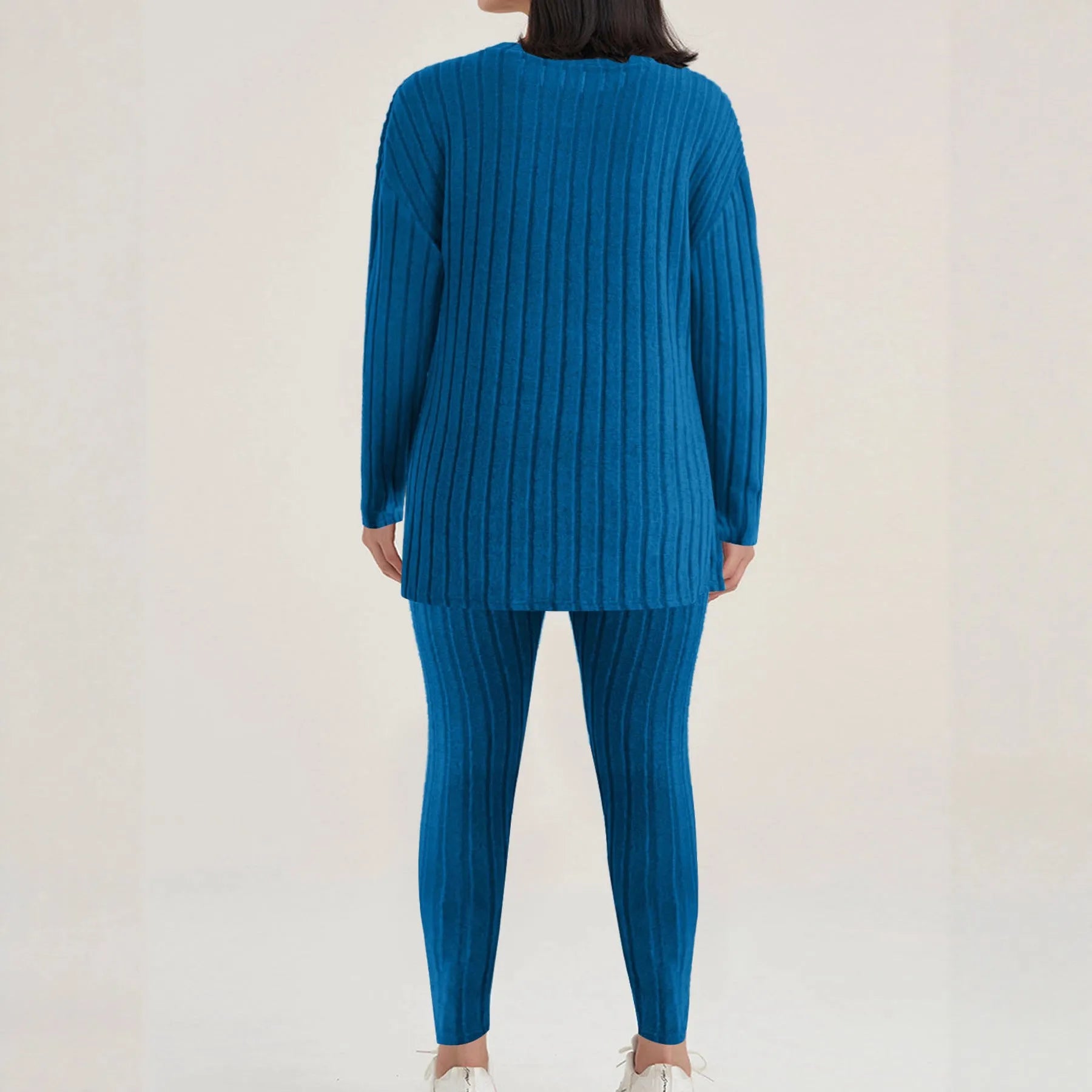 Black and blue sunken stripe pattern two-piece polyester homewear set for casual exercise.