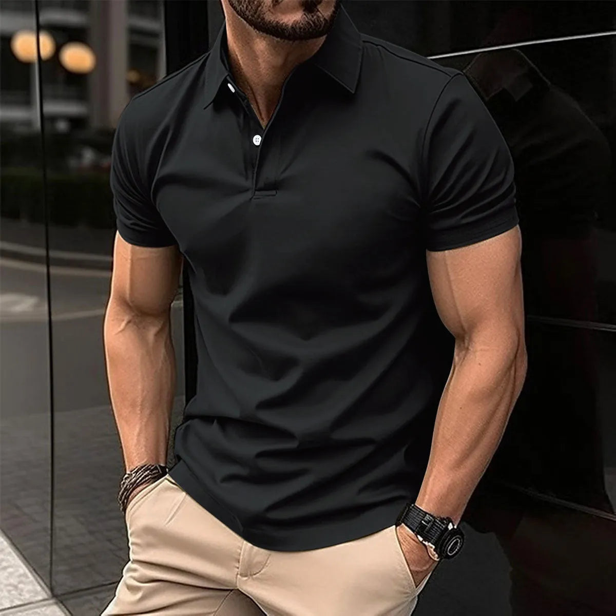 Men's short sleeve polo shirt with button lapel collar in a solid colour.
