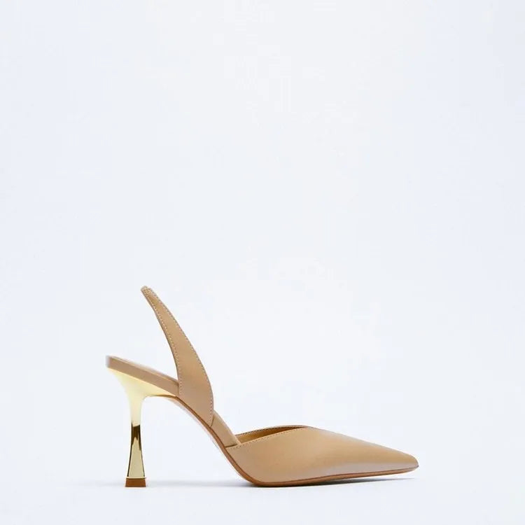 Women's glossy patent leather pointed toe high heels in black and apricot colours.
