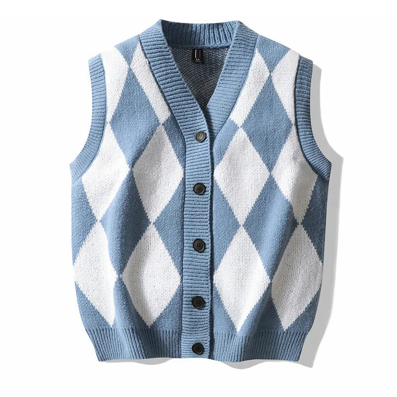 Men's V-neck cardigan sweater vest in solid colour, loose fit, sleeveless, spring autumn leisure wear