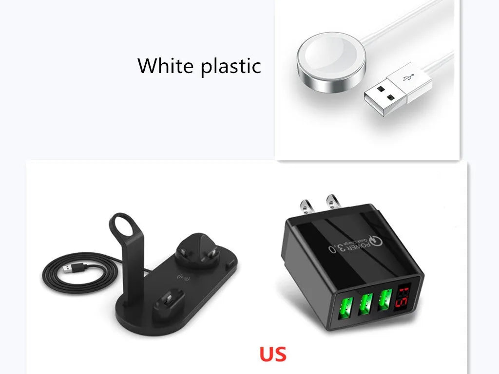 4 in 1 wireless charger stand for iPhone Samsung iWatch AirPods in black silicone material with 360 degree rotating dock